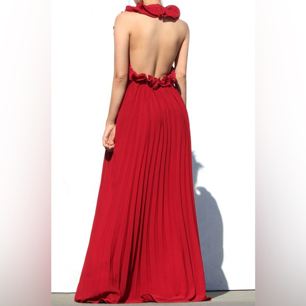 Backless Red Pleated Halter Maxi Dress
